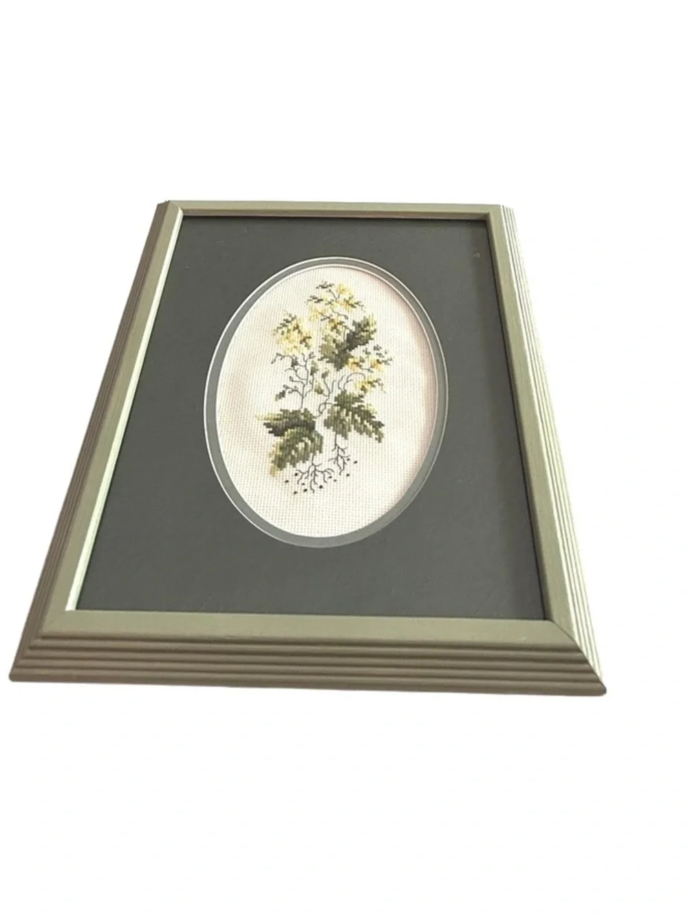 Vintage Framed Botanical Cross-Stitch with Green Frame